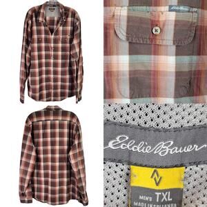 Eddie Bauer Travex Shirt Button Down Size XLT Orange Plaid Mens LS Hiking Camp